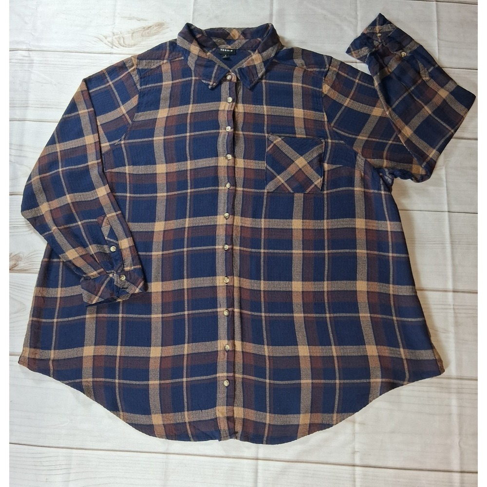 Torrid Womens Plus Size 3 Navy Rust Gold Plaid Flannel Button Down Shirt L/S Pkt